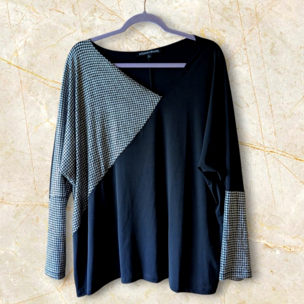 Julian Chang Silk Top Asymmetrical Houndstooth Metallic Black Shirt Size Large